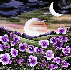 Romantic night landscape, blooming violets under the moon, wall art, background.