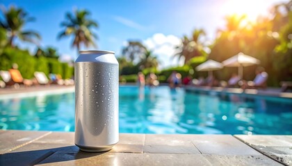 Fototapeta premium Chilled beverage can rests near pool, sunlit with blurred figures and tropical foliage