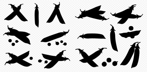 A collection of black silhouette illustrations showing various pea pods, some whole, some open with individual peas, arranged differently.
