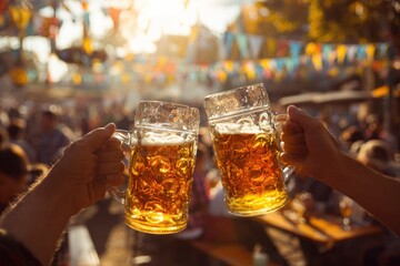 Golden lager in glass steins being toasted at beer garden. Oktoberfest concept.