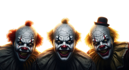 Three terrifying clowns with menacing expressions, their faces painted in a classic yet unsettling style, evoke a sense of dread and unease in this haunting image