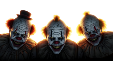 Three terrifying clowns with glowing eyes and spooky makeup emerge from the darkness with a sinister grin