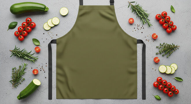 A green apron surrounded by fresh vegetables and herbs, including cherry tomatoes, zucchini, rosemary, and basil, on a light background. - Powered by Adobe