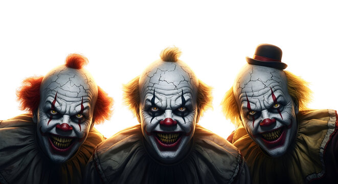 Three terrifying clowns with menacing expressions, their faces painted in a classic yet unsettling style, evoke a sense of dread and unease in this haunting image