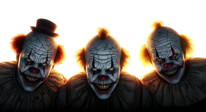 Three terrifying clowns with glowing eyes and spooky makeup emerge from the darkness with a sinister grin - Powered by Adobe