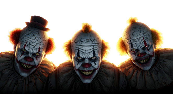 Three terrifying clowns with glowing eyes and spooky makeup emerge from the darkness with a sinister grin