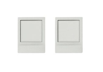 Two blank, white instant photo frames, side-by-side, on a black background