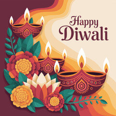 Happy Diwali Illustration with Diya Lamps, Flowers, and Decorations