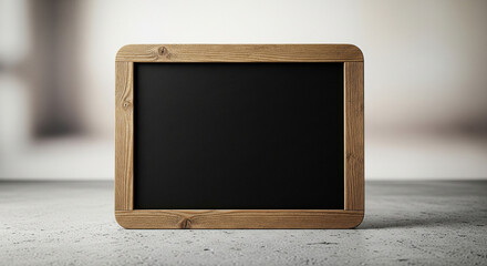 Empty small blackboard with a wooden frame standing on a light grey surface, ready for text or drawing.