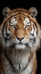 Fototapeta premium Striking Portrait of a Majestic Tiger with Intense Gaze on Black Background