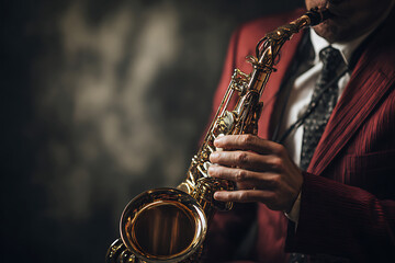 Elegant Jazzman in a Red Jacket Playing a Gleaming Golden Saxophone