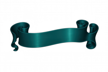 Wavy teal metallic ribbon banner with curled edges on transparent background, perfect for adding a touch of elegance to designs
