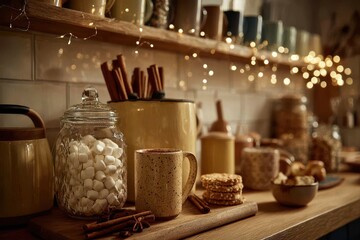 Fototapeta premium Cozy Kitchen Scene with Warm Drinks and Sweet Treats in Evening Light