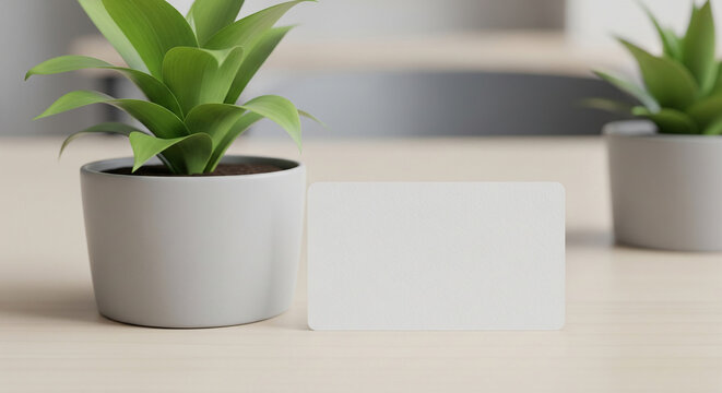 A blank white business card standing upright between two small potted green plants on a light wooden desk.