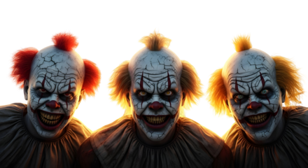 Creepy Trio of Clowns with Fiery Hair and Menacing Grins Under a Dramatic Sky