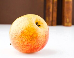 Close-up of a pear-shaped apple on a white surface, with books in background