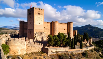 Obraz premium A detailed view of a medieval fortress set atop a hill, under a clear sky