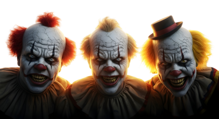 Three Scary Clowns with Creepy Grins Staring Menacingly Forward Under a Dramatic Sunset