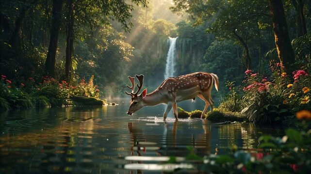 Serene wildlife moment as a buck quenches its thirst in a magical, sunlit woodland oasis with a cascading waterfall
