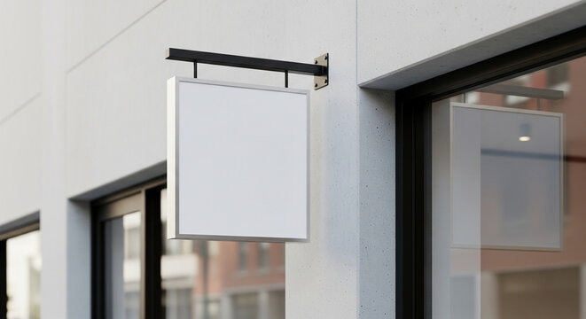 A blank square white sign mockup hanging on a building wall, ready for custom branding. - Powered by Adobe