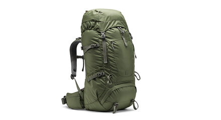 Large olive green technical hiking backpack with multiple compression straps and pockets.