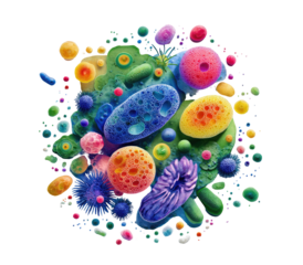 Vibrant cluster of colorful, organic-shaped microorganisms.  A swirling, splatter-like background contrasts with the detailed, 3D-like, microbe forms.  Various hues of the rainbow are present
