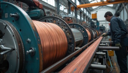 Massive copper wire coils twisting in bright industrial hall with machines