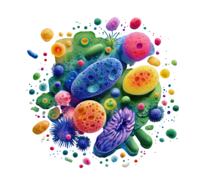 Vibrant cluster of colorful, organic-shaped microorganisms.  A swirling, splatter-like background contrasts with the detailed, 3D-like, microbe forms.  Various hues of the rainbow are present