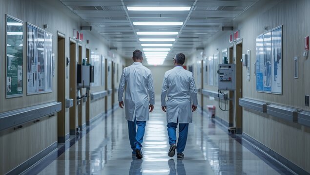 Two doctors walking hospital corridor with polished floors and bright overhead lighting