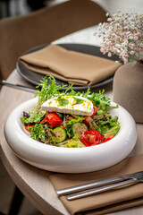 Delicious salad served at a trendy cafe. Fresh vegetables and greens are beautifully arranged in a bowl with creamy cheese on top, perfect for a light meal.