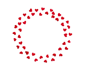 A circular frame of many small red hearts against a black background