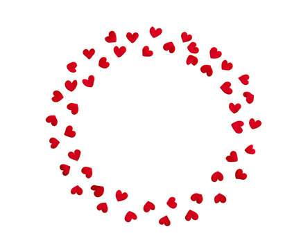 A circular frame of many small red hearts against a black background