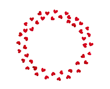 A circular frame of many small red hearts against a black background