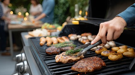 Naklejka premium Friends gather outdoors for juicy burgers and vibrant veggies, savoring a warm summer evening filled with laughter and good food