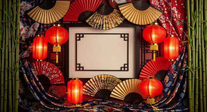 Traditional Chinese New Year decoration with red lanterns, golden fans, and a blank frame for text.