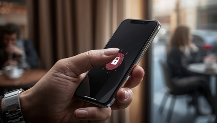 Close-up finger unlocking phone with fingerprint sensor against blurred city cafe