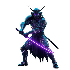 Fototapeta premium Futuristic samurai warrior with glowing purple katana isolated on transparent background
