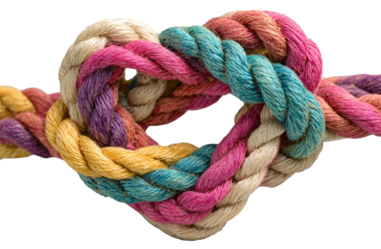 Colorful heart-shaped knot of braided ropes