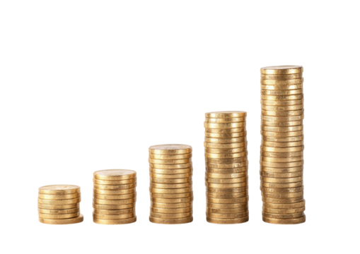 Gold coins stacked in ascending order of height, forming a visual representation of growth