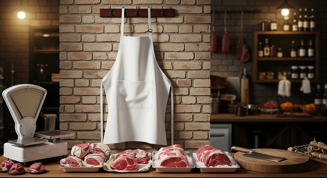 A traditional butcher shop interior with raw meat cuts, a hanging apron, and vintage scale on a wooden counter.