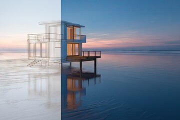Seaside architectural sketch of a modern house on stilts at sunset.