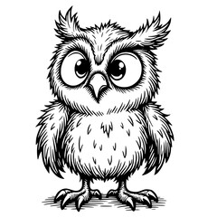 Obraz premium A charming and whimsical owl illustration, crafted with meticulous detail in a classic, black-and-white aesthetic.