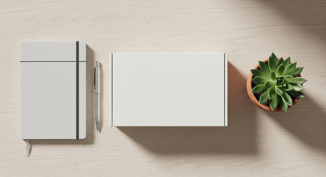 Top-down view of a minimalist workspace with a grey notebook, white box, and potted succulent on a light wooden table.