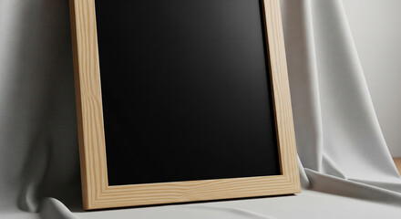 A wooden frame with a blank black screen leaning against a draped white fabric.