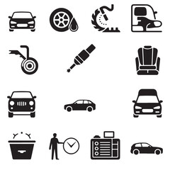 Collection of black and white icons representing various automotive services and vehicle types for car repair and maintenance concepts