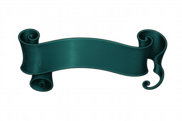 Sophisticated teal scroll banner featuring curled edges, elegantly framing decorative space against transparent backdrop
