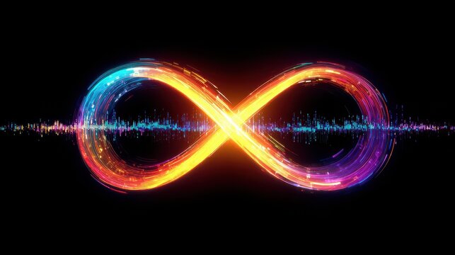neon infinity loop with colorful gradient spectrum and sound wave waveform visualization abstract glowing symbol of endless data flow digital technology concept futuristic audio signal art illustra