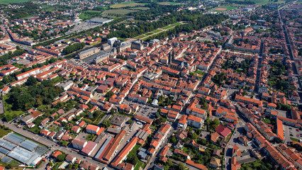 Aerial of the old town around the city Luneville in France on a sunny day in late summer.