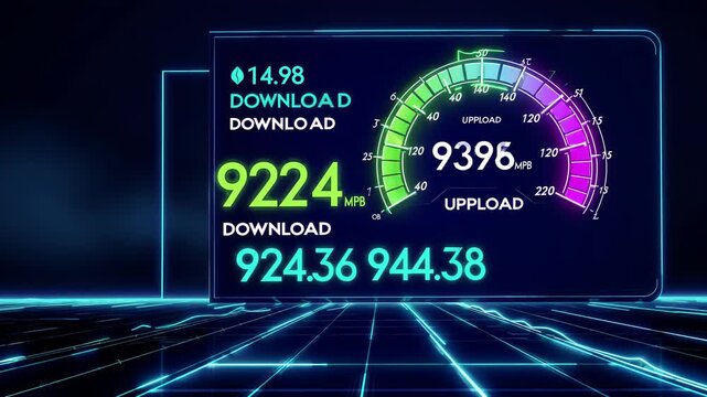 Dynamic digital speed test interface displaying fluctuating download and upload speeds, showcasing real-time data metrics and vibrant graphical elements