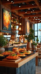 Obraz premium Restaurant Buffet with Burgers and Pasta Dishes in Modern Interior